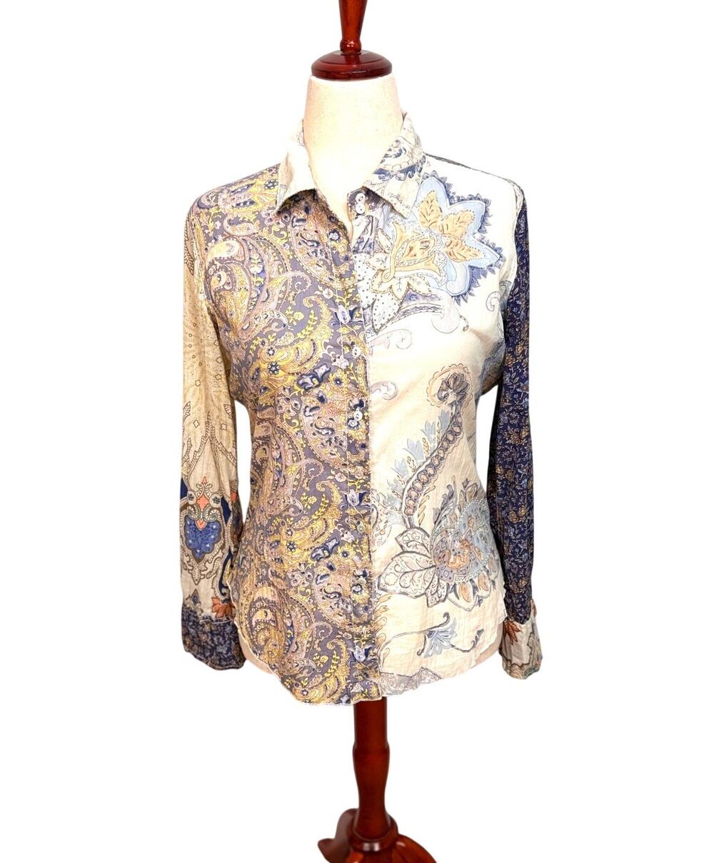 Cino Sundance shirt mixed floral paisley asymmetric button up boho western Sz S